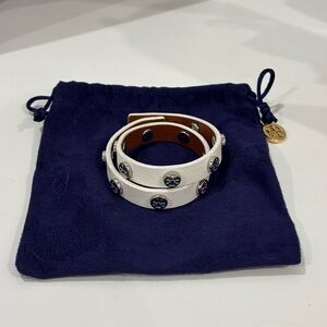 Authentic Tory Burch Double Wrap Logo Stud White Leather Bracelet
